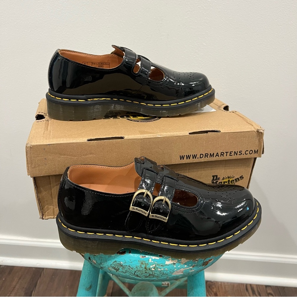 Dr. Martens Black Patent Mary Jane Loafers with Yellow Stitching